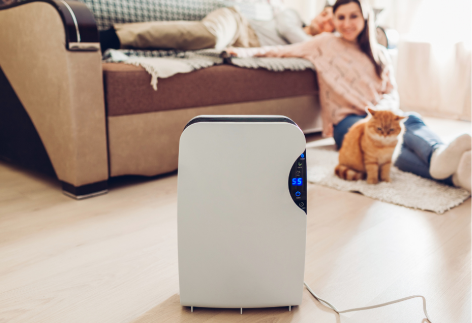 a man lays on the couch in the background with a woman sitting next to him on the floor with her cat next to her.  In the foreground the picture is focused on a white dehumidifier 
